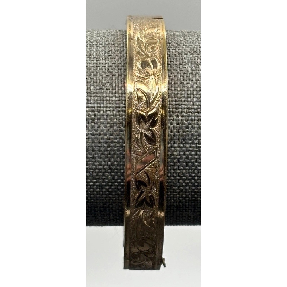 VTG B&B Victorian Engraved Floral Ivy Hinged Bangle Bracelet Gold Filled 6.5"